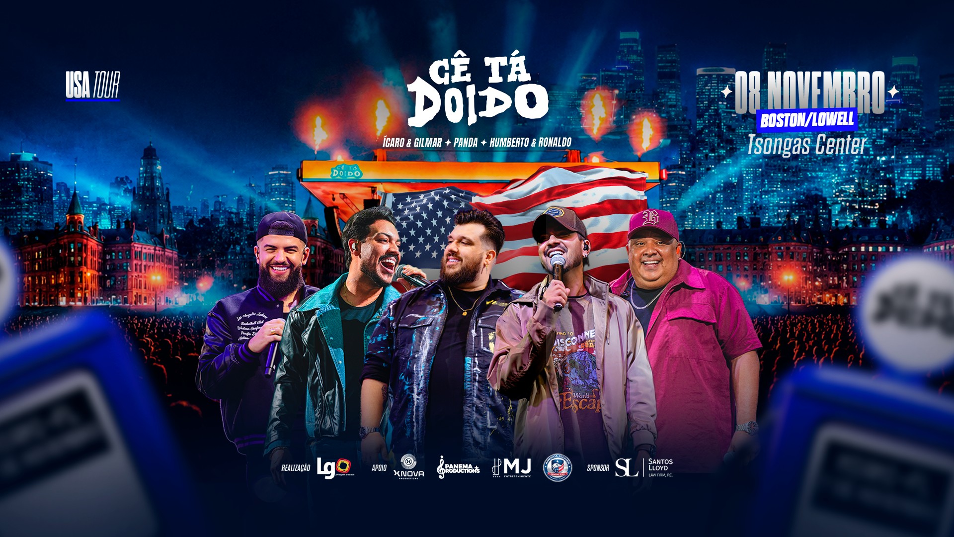 Flyer do show Cê Tá Doido, USA Tour, com Ícaro & Gilmar, Panda e Humberto & Ronaldo, 8 de novembro, Tsongas Center, Boston/Lowell